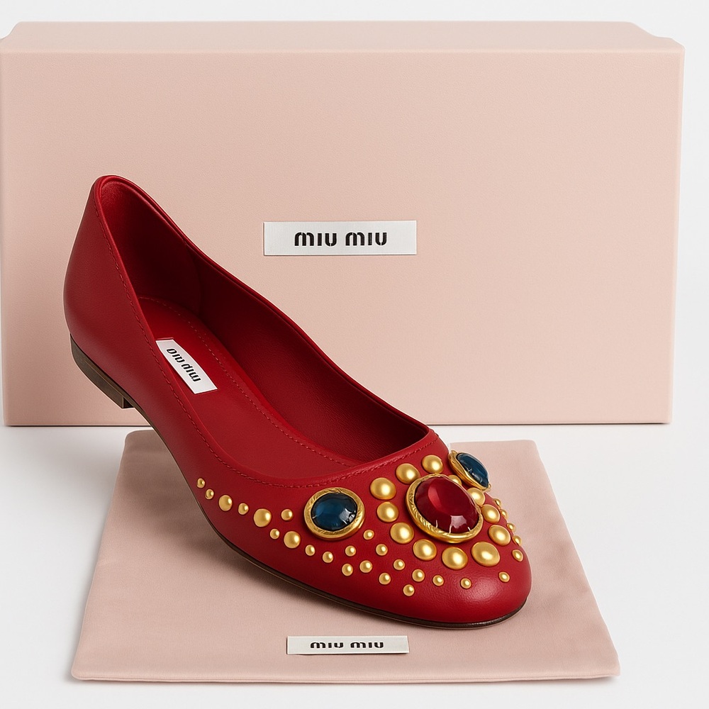 ✨ Brand New Miu Miu Jeweled Red Flats 
Size EU 39/US 9 – With Box & Dust Bag
